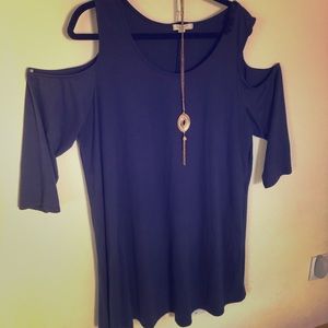 Navy Blue Cold Shoulder Style Dress with Necklace
